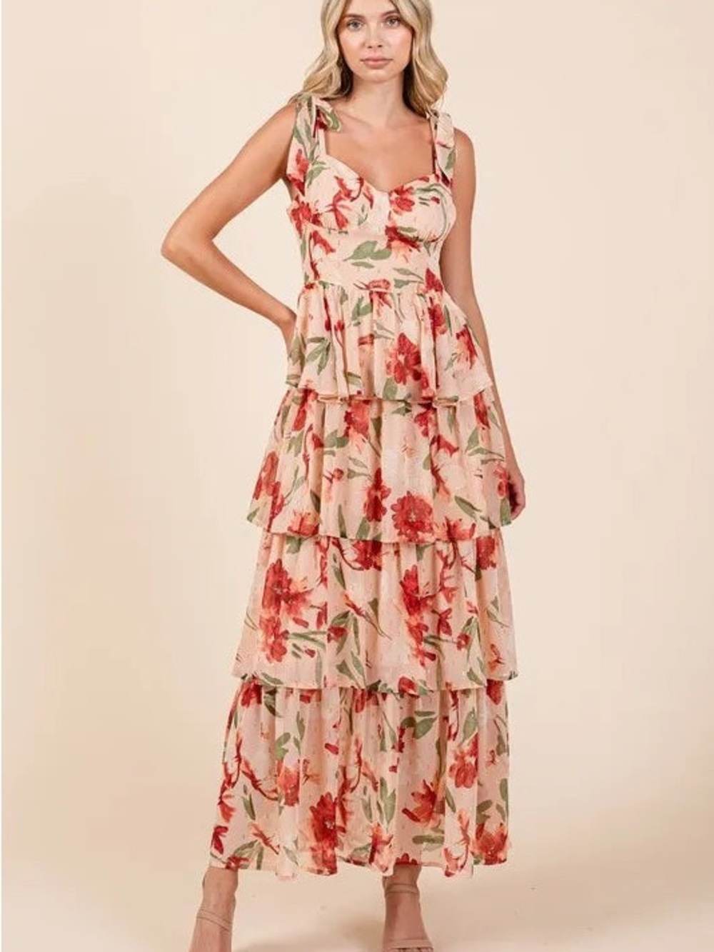 mittoshop Floral Tiered Maxi Dress in Blush Pink and Red